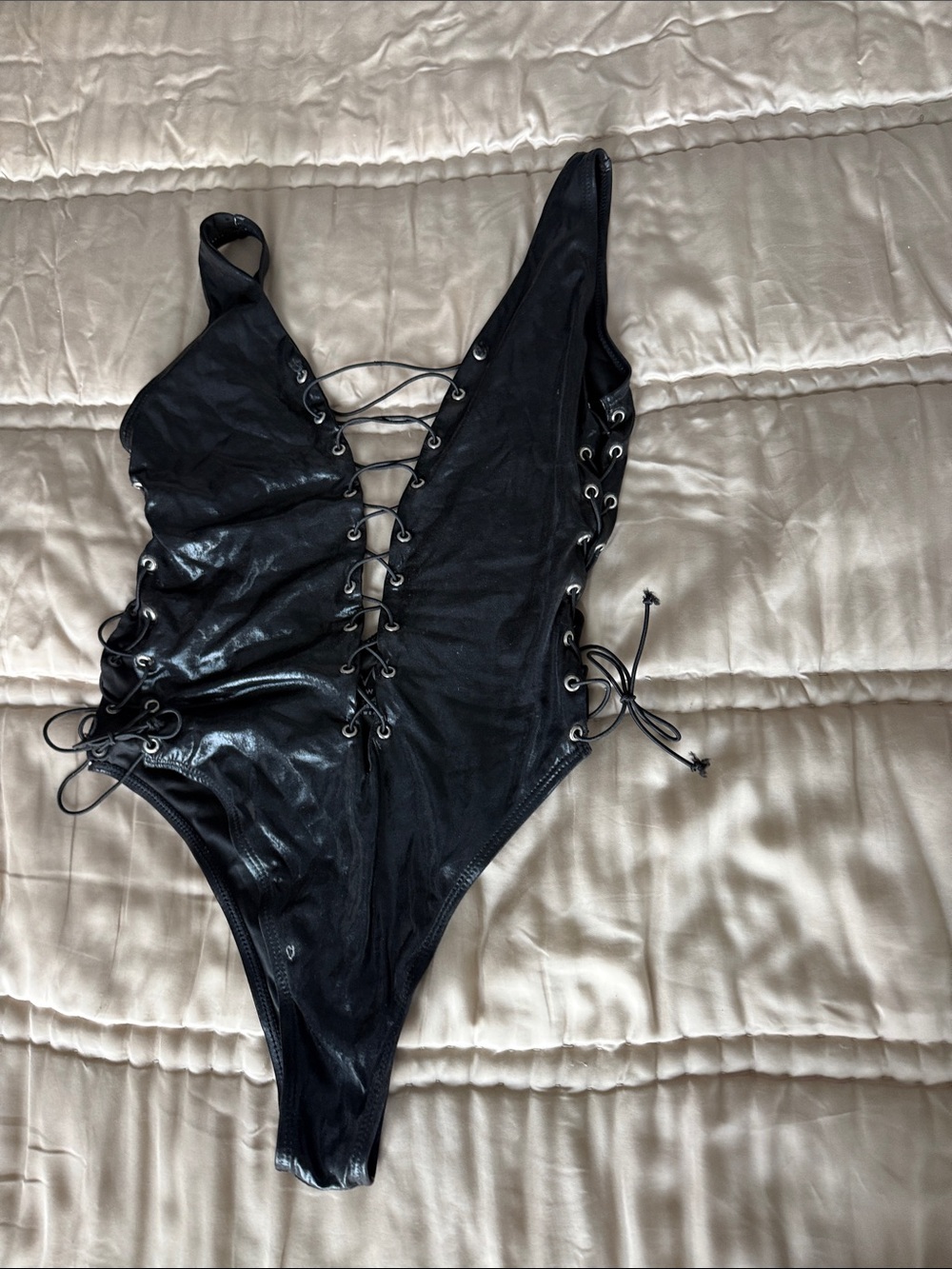 Black Lace-Up One-Piece Bodysuit